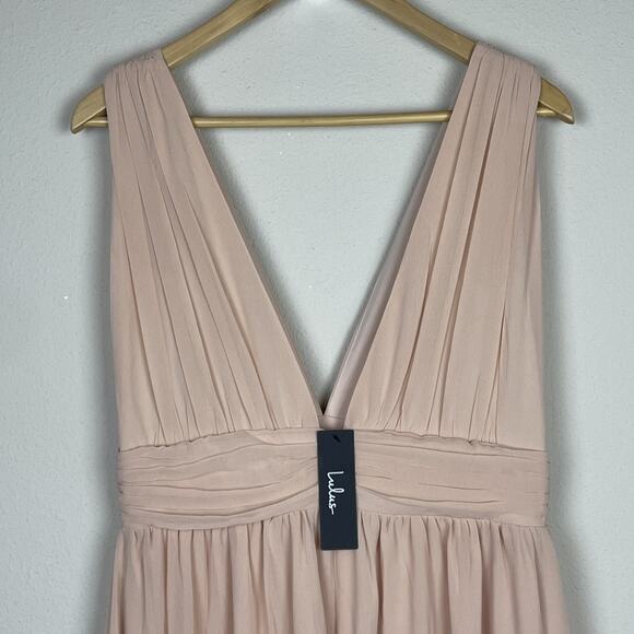 Lulu's Pale Peach Chiffon Formal Gown Size L NWT Double V-Neck Goddess Dress - Picture 6 of 8